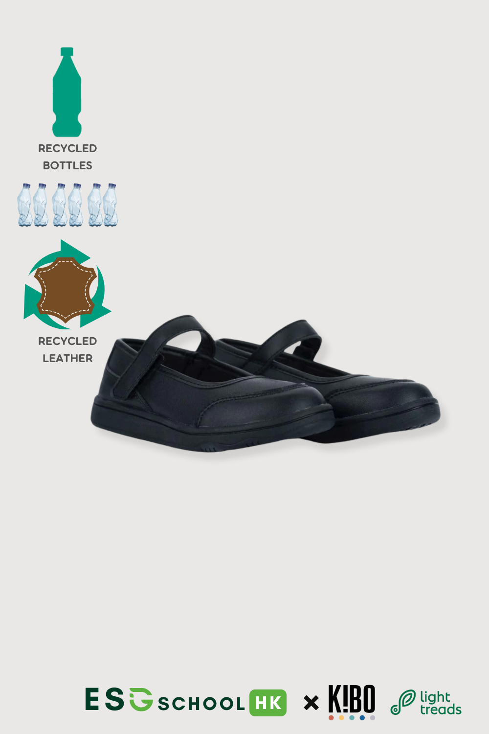 <b>KIBO ‧ Light Treads</b> Girl's Recycled Leather Uniform Shoes - MARY-JANE (BTS-MJ-BLK)