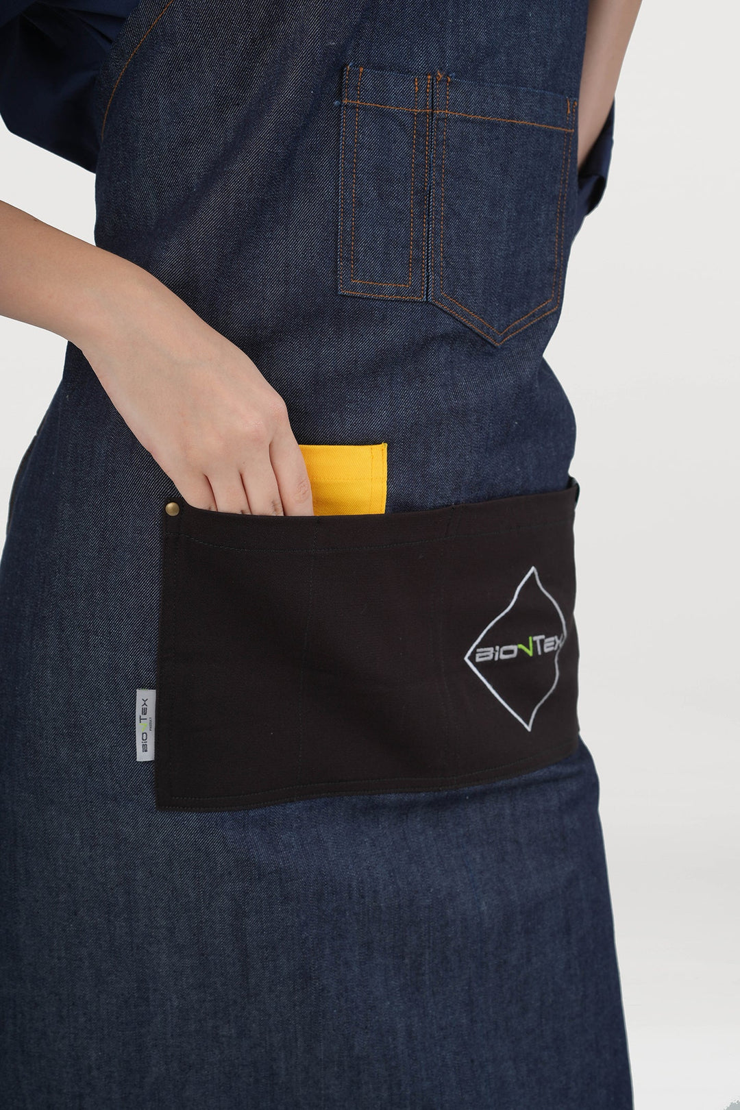 <b>BioNTex™</b> Unisex Denim Cross-back Bib Apron with Contrast Pockets
