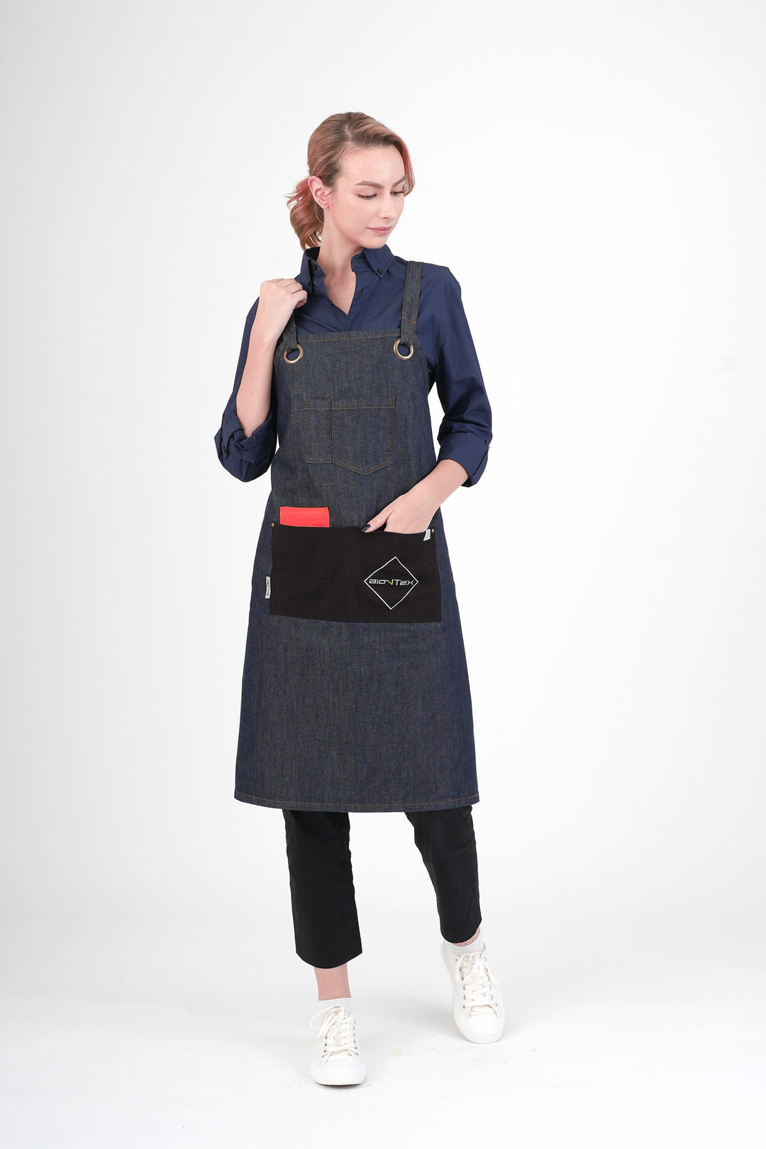 <b>BioNTex™</b> Unisex Denim Cross-back Bib Apron with Contrast Pockets