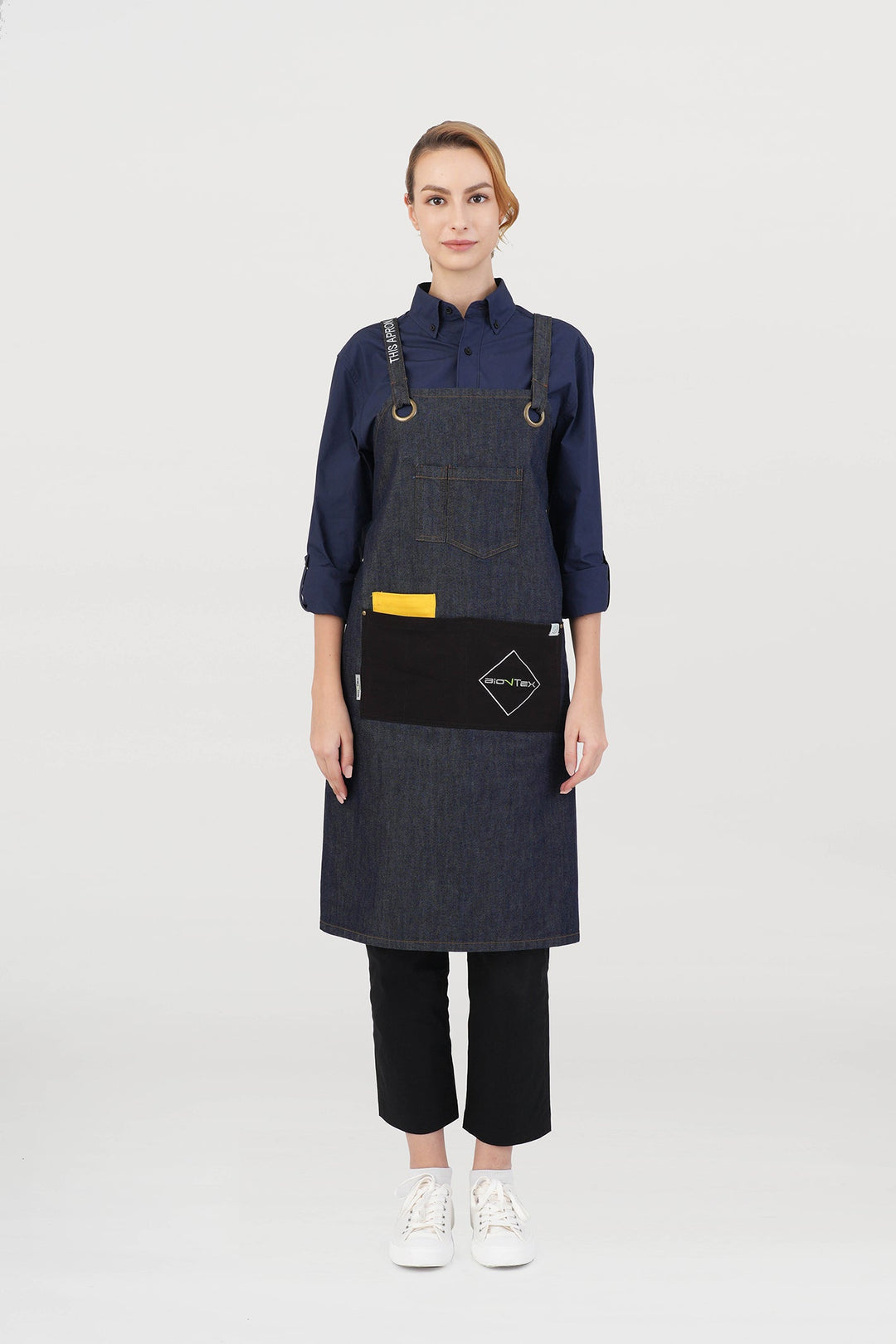 <b>BioNTex™</b> Unisex Denim Cross-back Bib Apron with Contrast Pockets