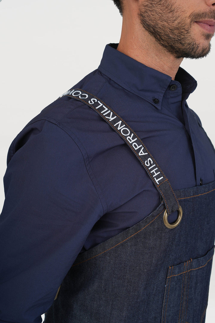 <b>BioNTex™</b> Unisex Denim Cross-back Bib Apron with Contrast Pockets