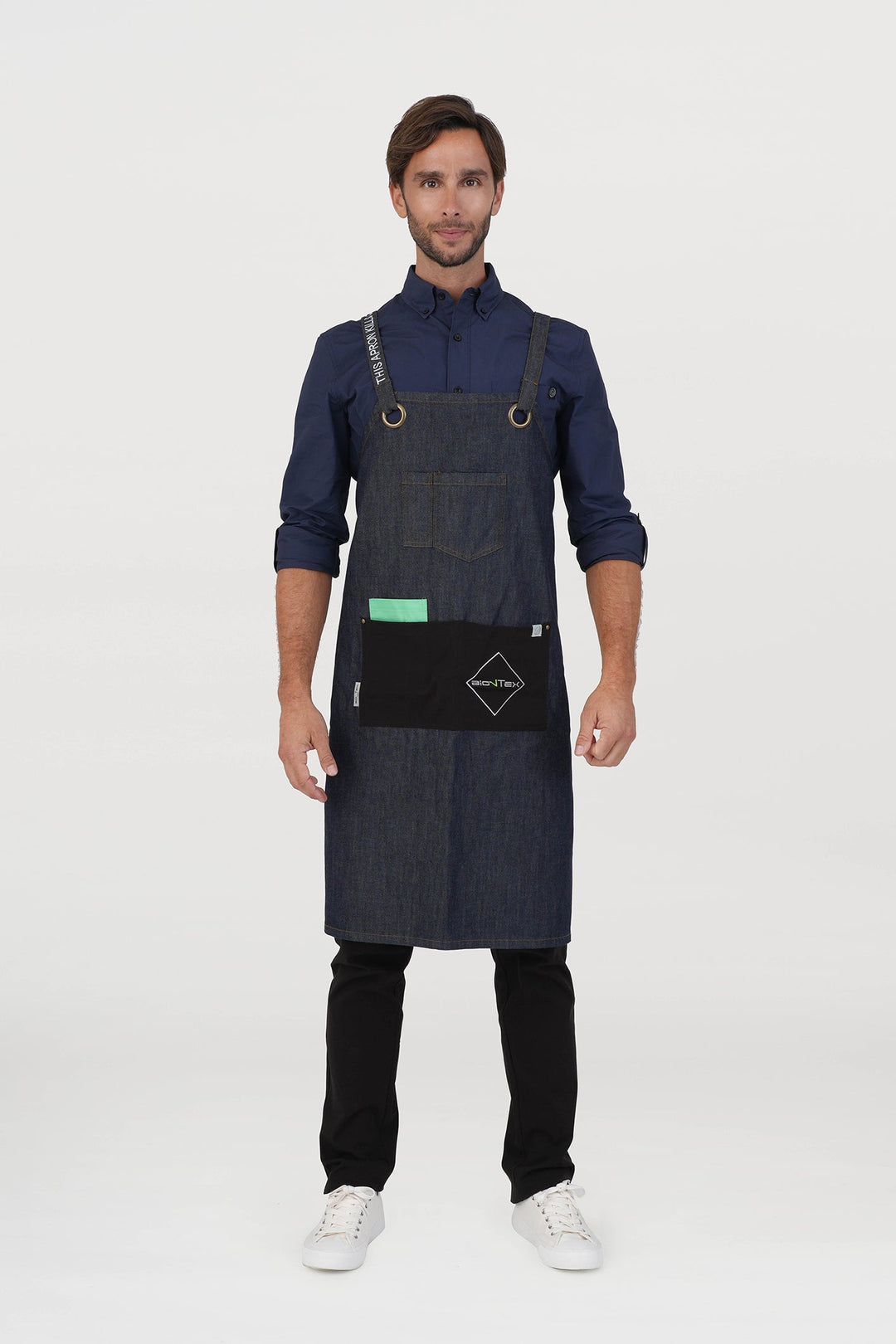 <b>BioNTex™</b> Unisex Denim Cross-back Bib Apron with Contrast Pockets
